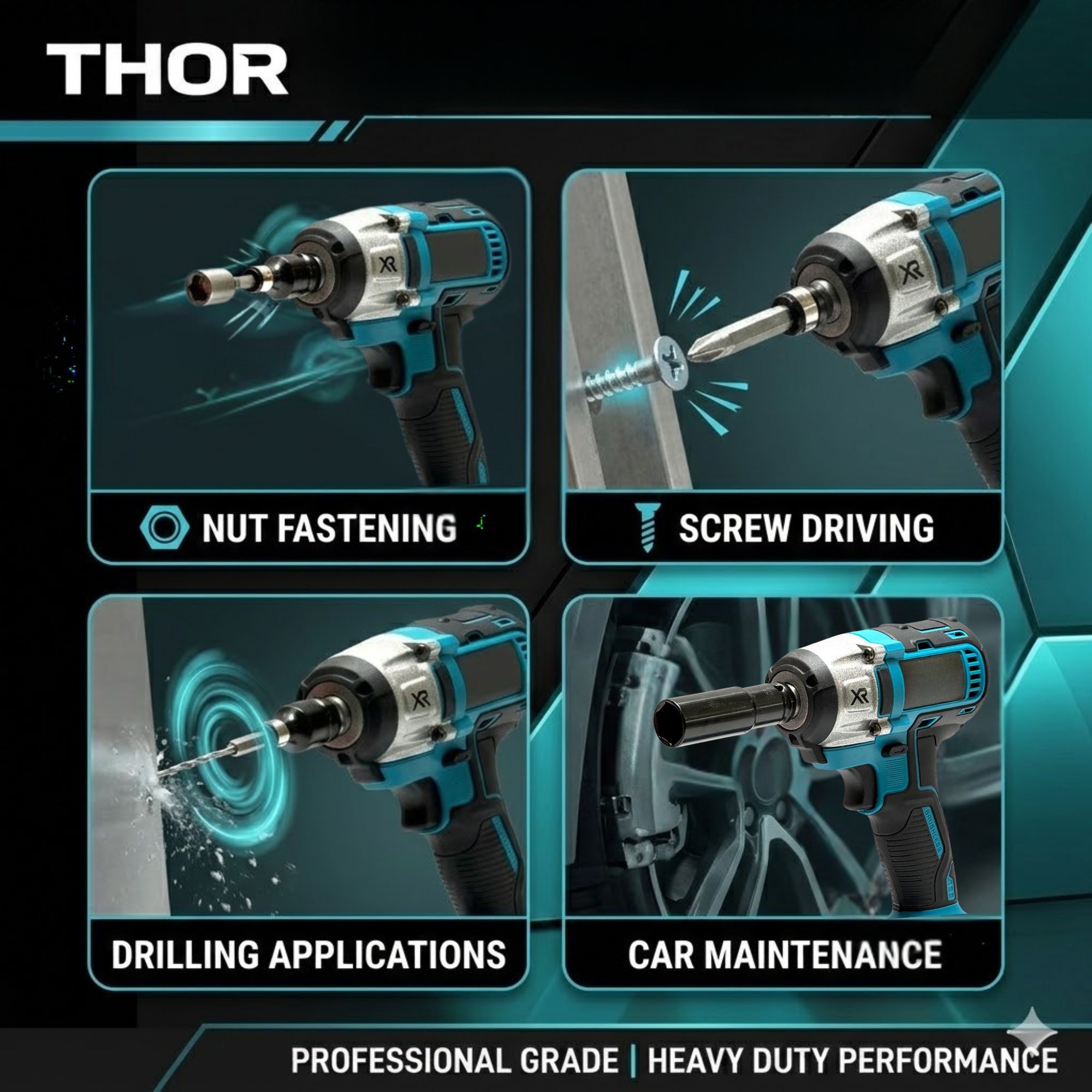 THOR 21V Brushless Cordless Impact Wrench THCIWK52 | 450Nm Torque, 4-in-1, 1/2" Drive, Dual 5Ah Battery, Socket Set, Drill Bits & BMC Case