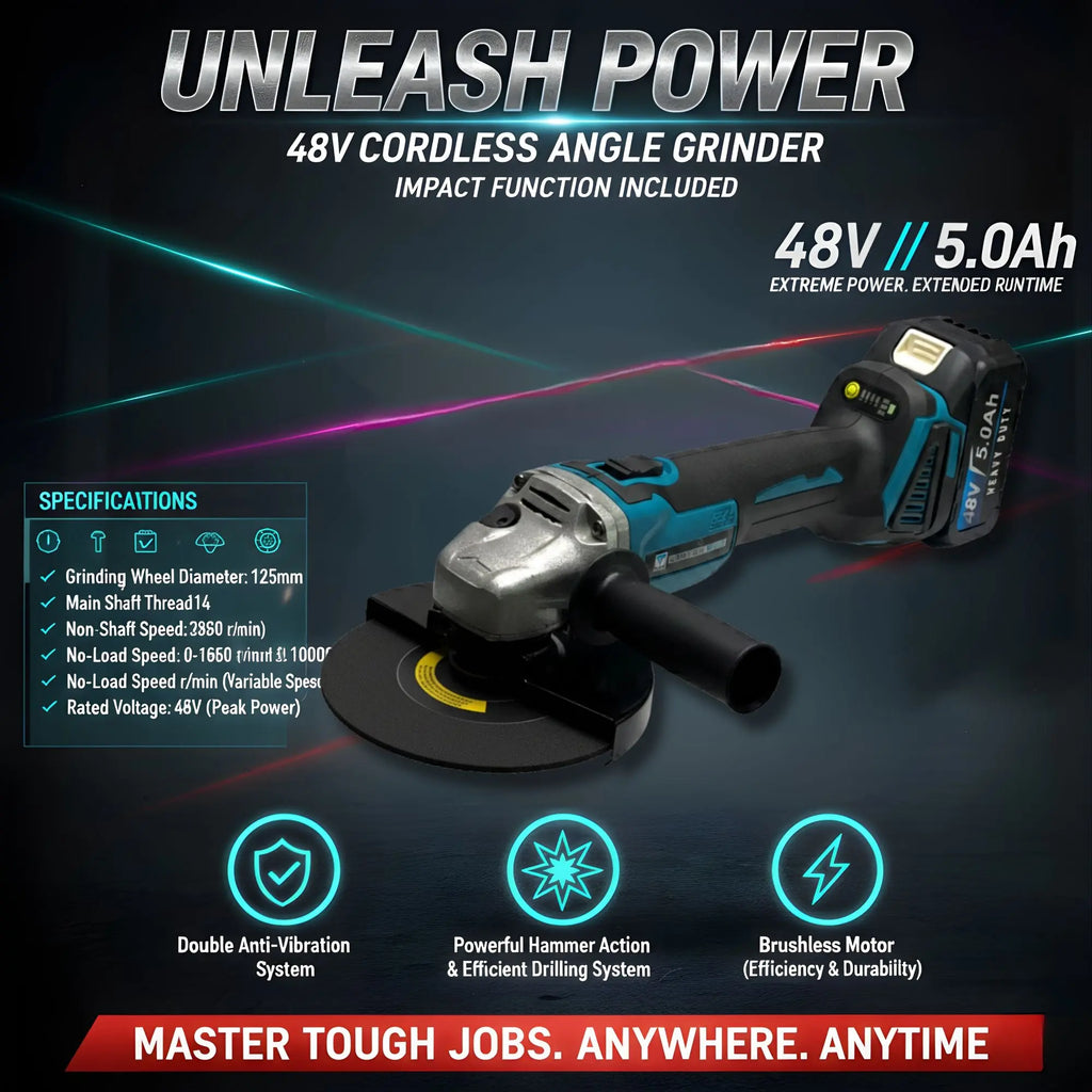 THOR THCOM184 48V Brushless Cordless 4-Piece Power Tool Combo Kit | Hammer Drill + Impact Wrench + Angle Grinder + Drill Driver | 3x 5.0Ah Batteries + Fast Charger + Accessories + BMC Case THOR