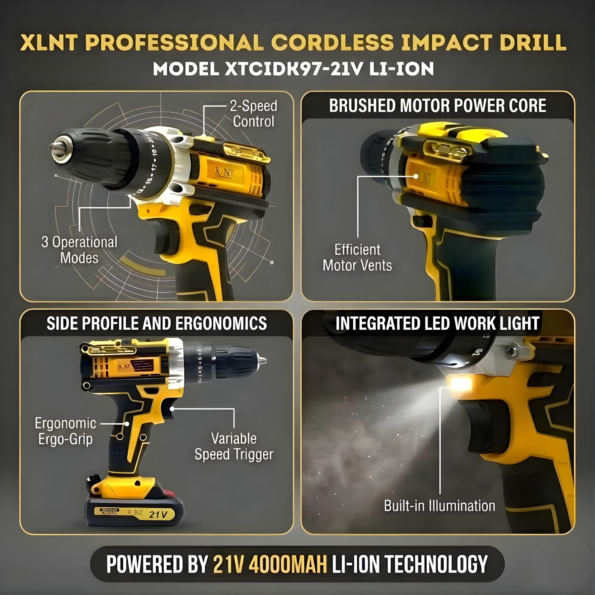 XLNT 21V Cordless Impact Drill Set with 2 Batteries and Fast Charger, 3-in-1 Drill/Screwdriver/Impact Mode, 2-Speed, XTCIDK97