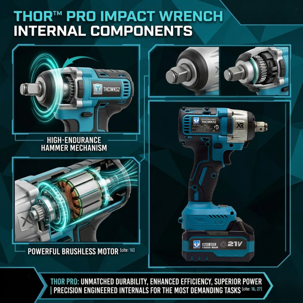 THOR 21V Brushless Cordless Impact Wrench THCIWK52 | 450Nm Torque, 4-in-1, 1/2" Drive, Dual 2Ah Battery, Socket Set, Drill Bits & BMC Case