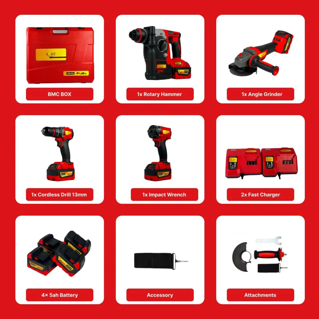 XLNT Cordless Drill Combo Kit 4-Tool Set | 13mm Drill, Angle Grinder, Impact Wrench, Rotary Hammer  XT4COM138 XLNT