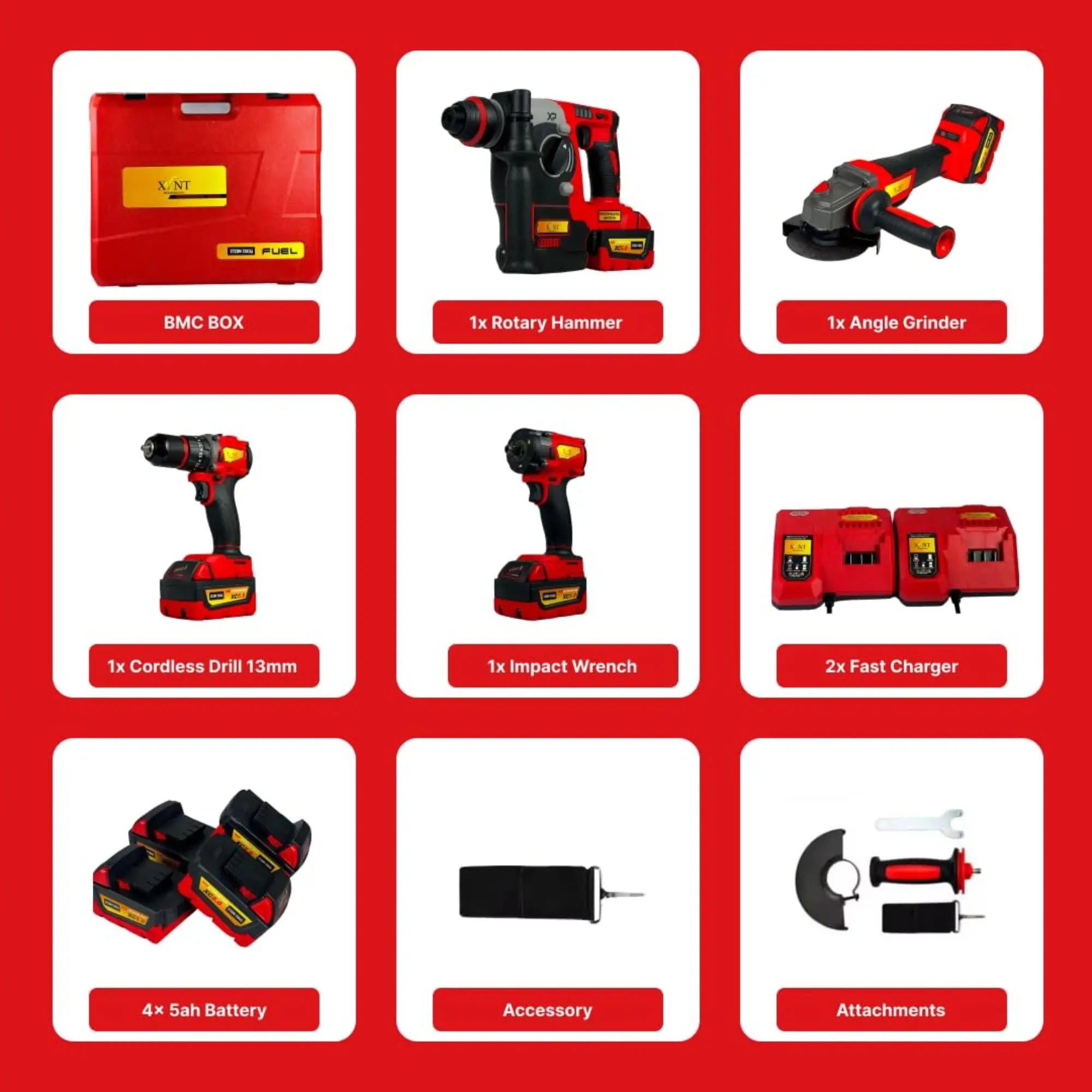 XLNT Cordless Drill Combo Kit 4-Tool Set | 13mm Drill, Angle Grinder, Impact Wrench, Rotary Hammer  XT4COM138 XLNT