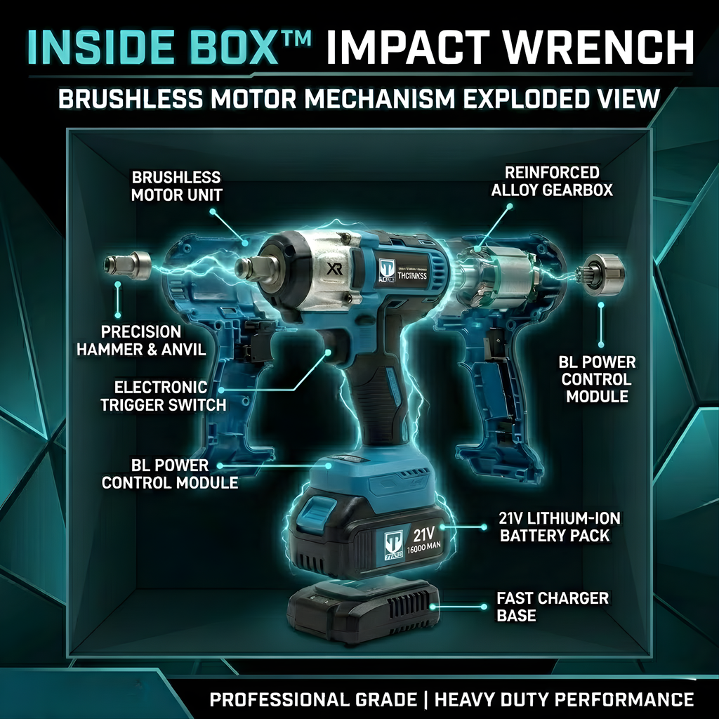 THOR 21V Brushless Cordless Impact Wrench THCIWK52 | 450Nm Torque, 4-in-1, 1/2" Drive, Dual 2Ah Battery, Socket Set, Drill Bits & BMC Case