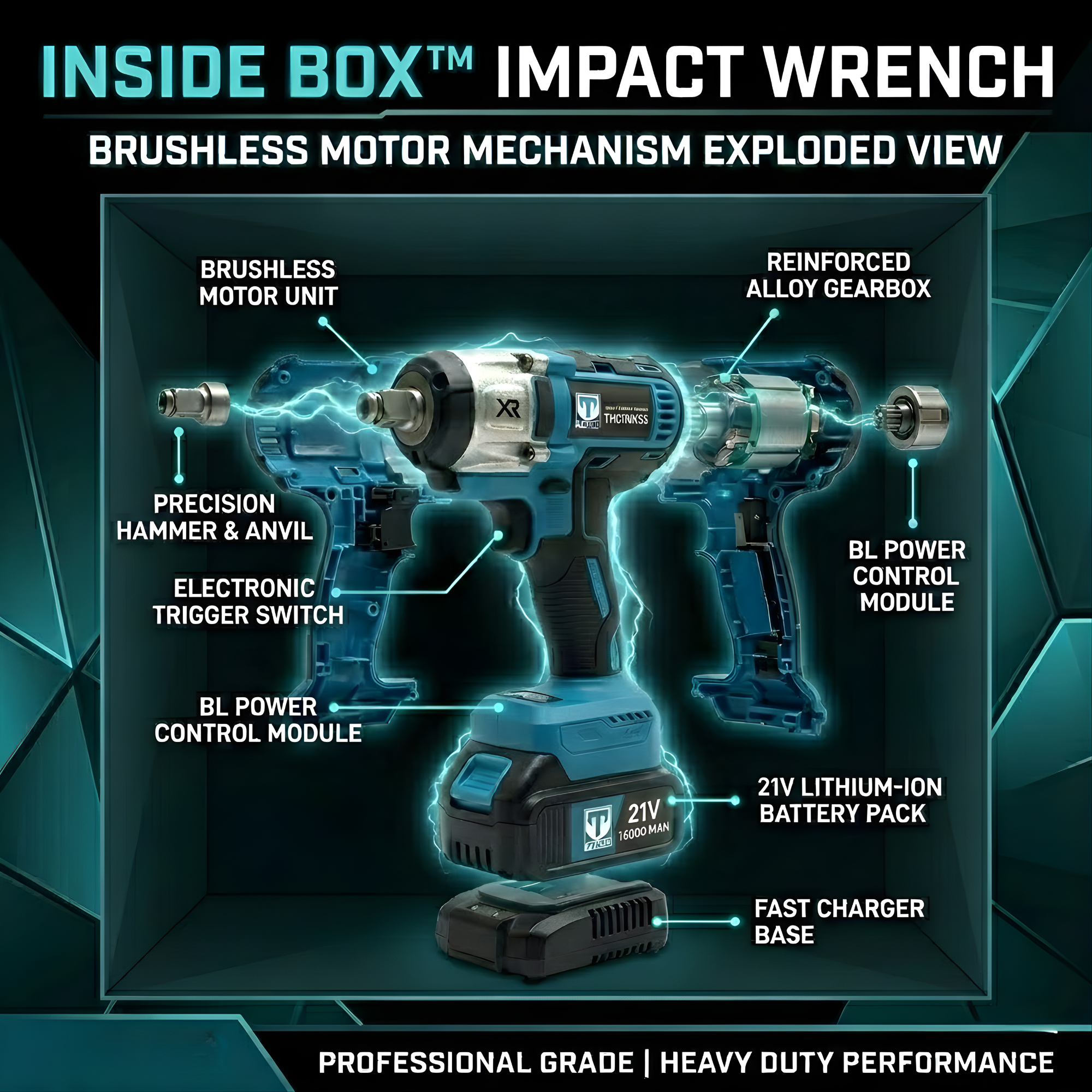 THOR 21V Brushless Cordless Impact Wrench THCIWK52 | 450Nm Torque, 4-in-1, 1/2" Drive, Dual 2Ah Battery, Socket Set, Drill Bits & BMC Case