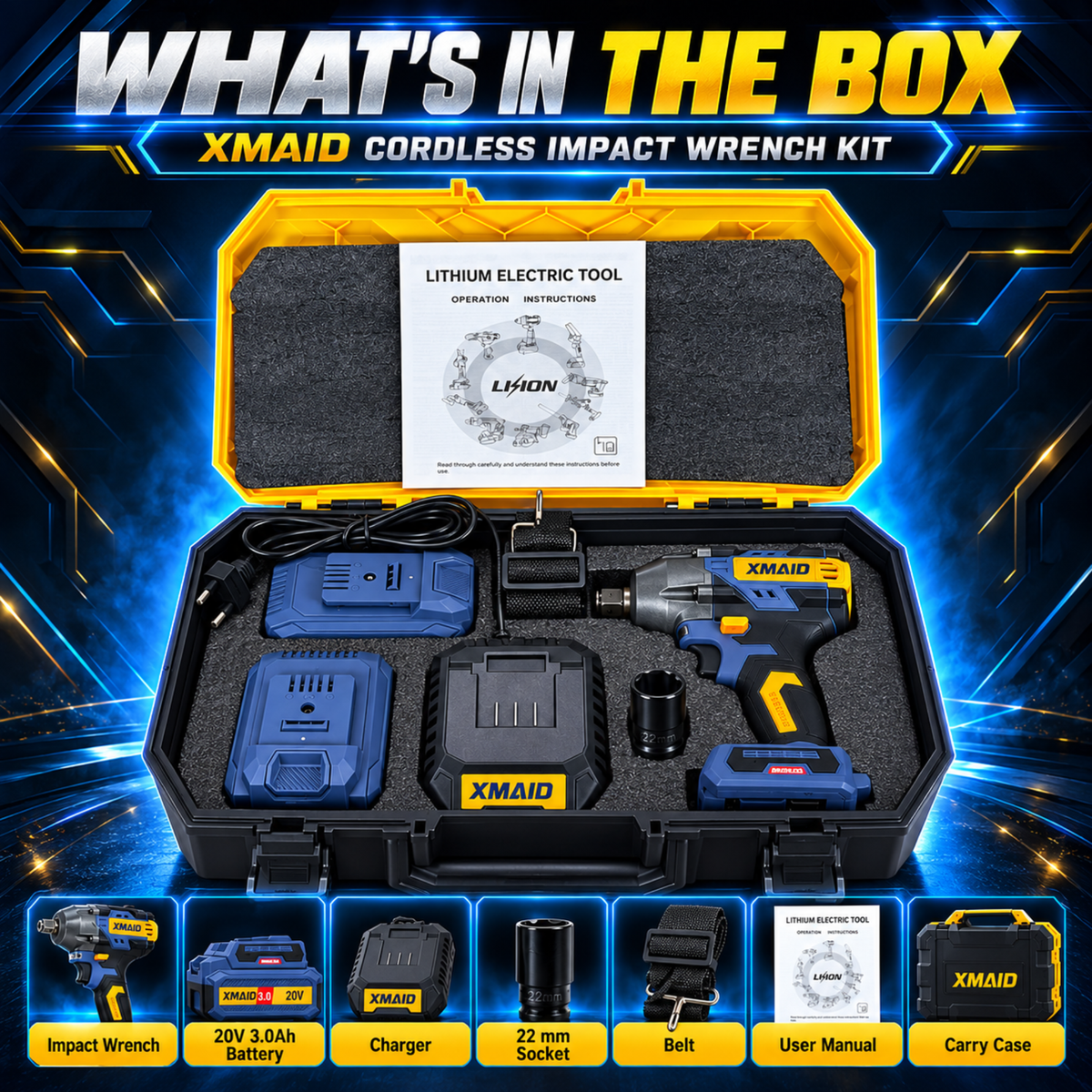 XMAID XTXMCIW335 kit with impact wrench, two 20V 3.0Ah batteries, charger, 22mm socket, strap, manual and carry case