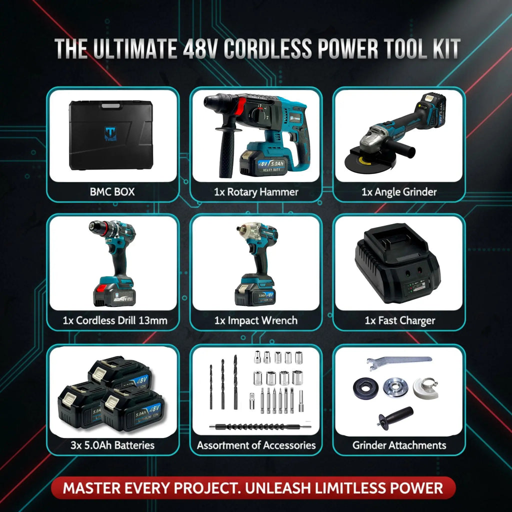 THOR THCOM184 48V Brushless Cordless 4-Piece Power Tool Combo Kit | Hammer Drill + Impact Wrench + Angle Grinder + Drill Driver | 3x 5.0Ah Batteries + Fast Charger + Accessories + BMC Case THOR