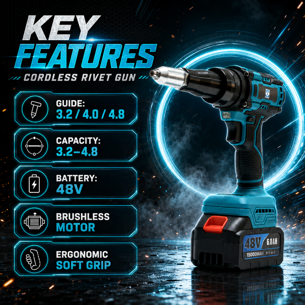 Cordless rivet gun for fabrication and automotive work