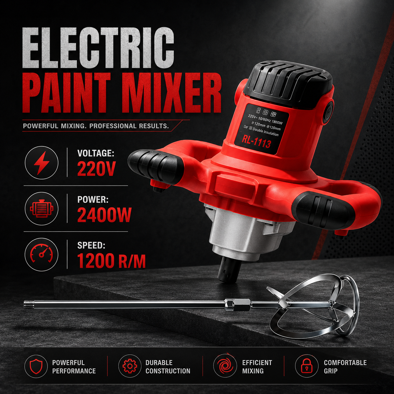 RUTH Electric Paddle Mixer 2400W 220V, 1200 RPM Handheld Paint, Putty, Plaster, Cement, Mortar and Tile Adhesive Mixing Machine – RTPM16