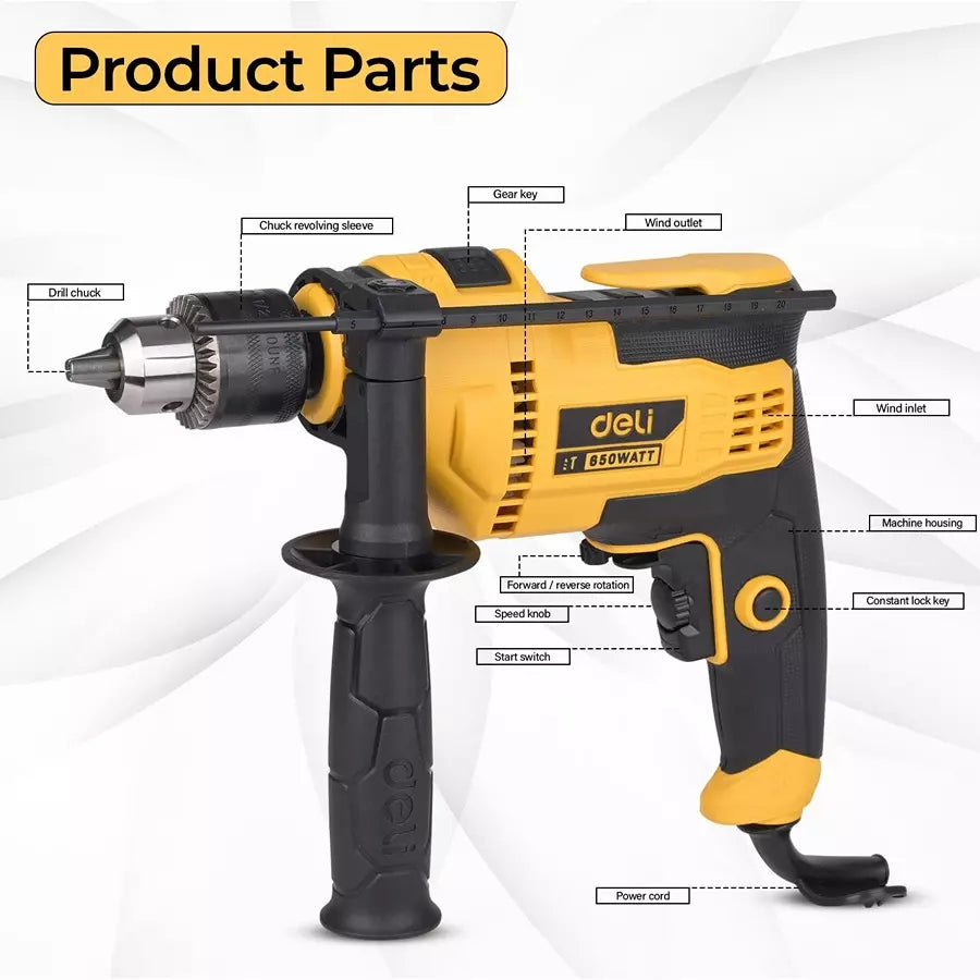 DELI 650W Electric Impact Drill EDL-CZ13-E5 - Hammer Drill for Concrete & Masonry