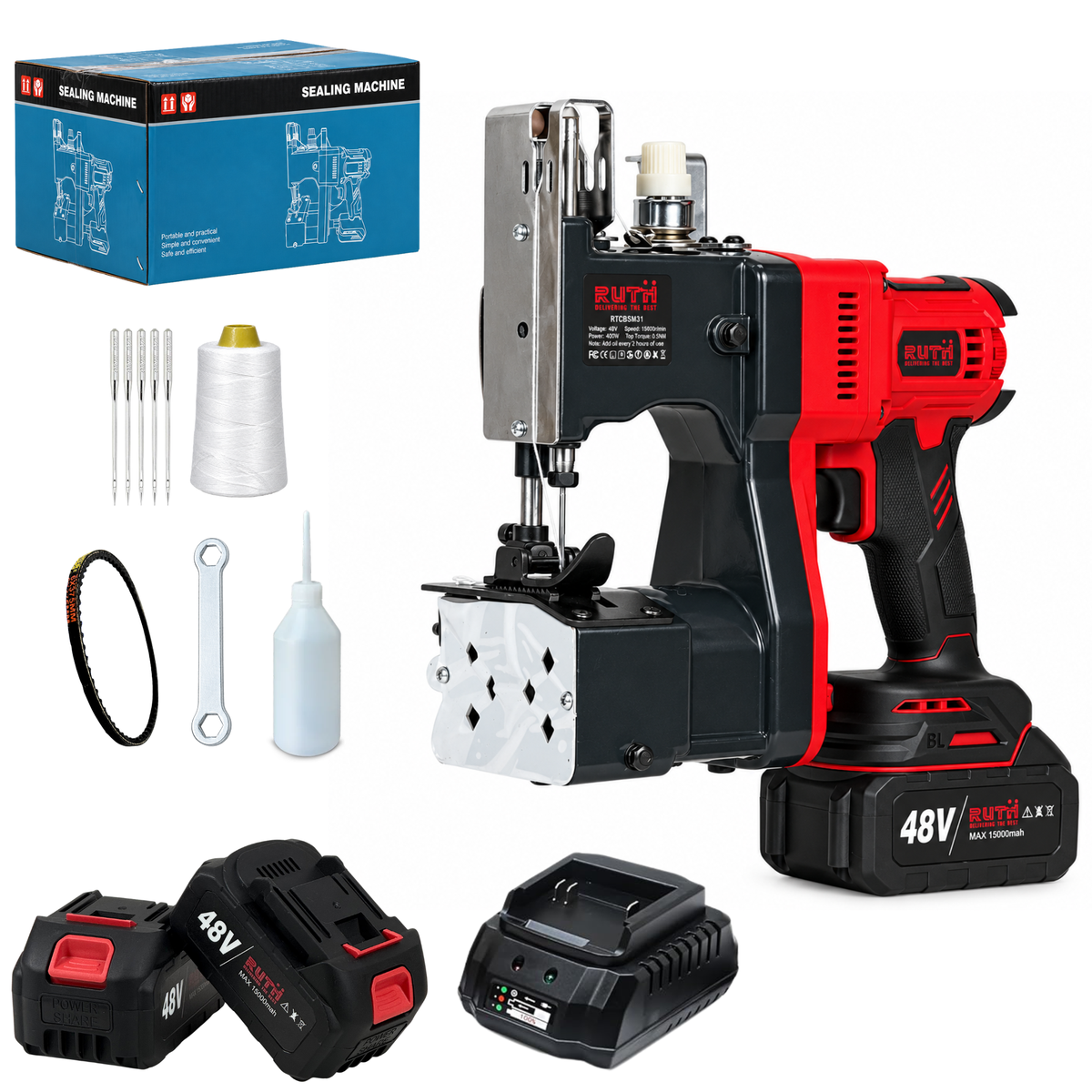 RUTH RTCBSM31 48V Cordless Bag Closing Sewing Machine with Battery, Charger and Accessories