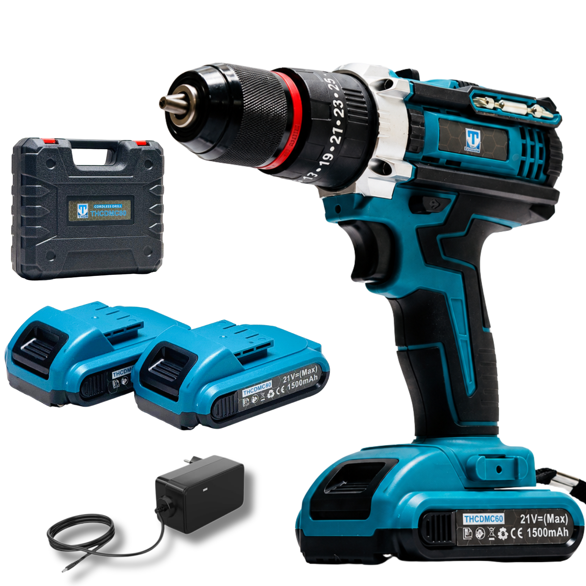 THOR 21V Cordless Drill Driver, 10mm Metal Chuck, 350-1350 RPM, 2x1500mAh Li-Ion Batteries and Fast Charger- THCDMC80