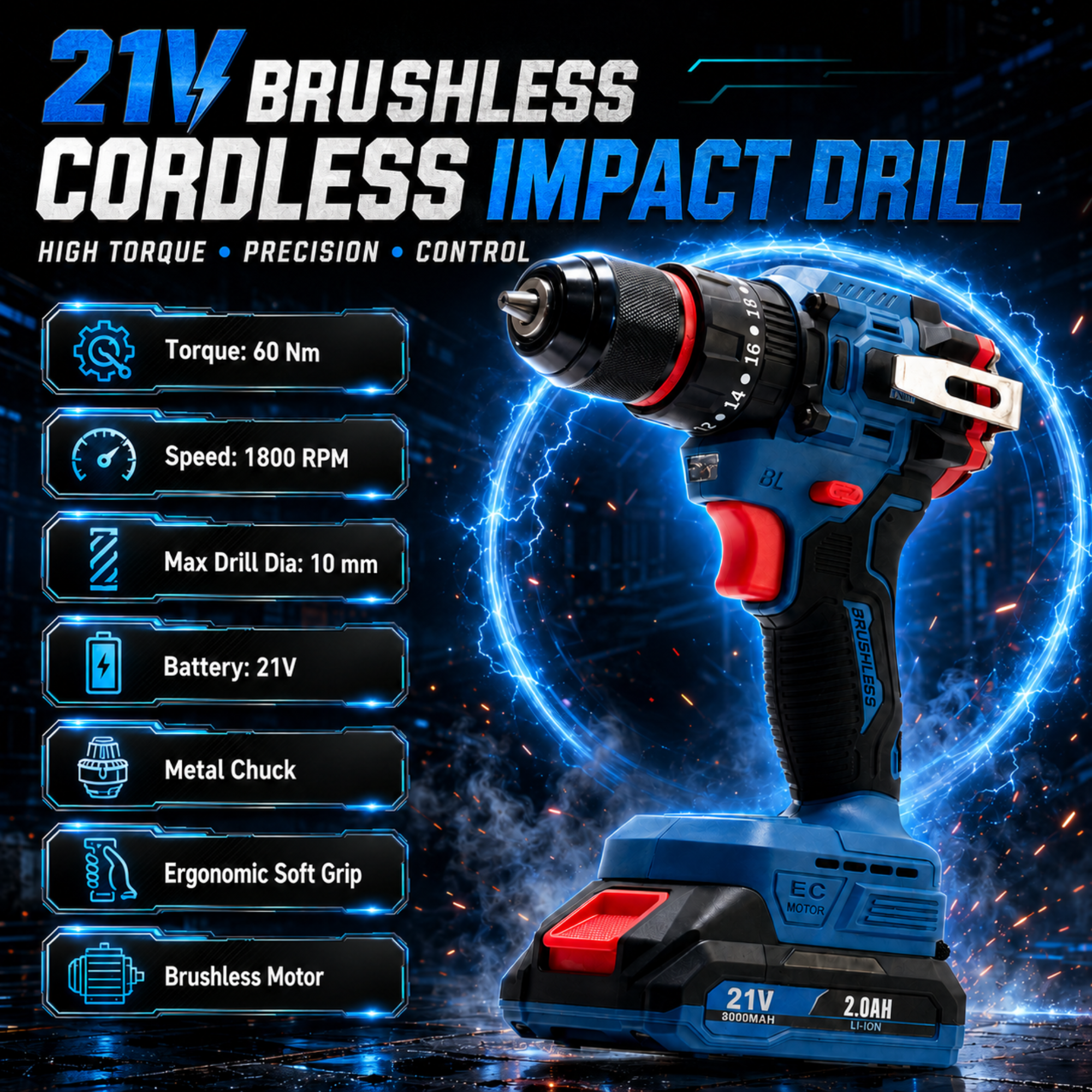 Cordless impact drill with 2 batteries charger and carrying case
