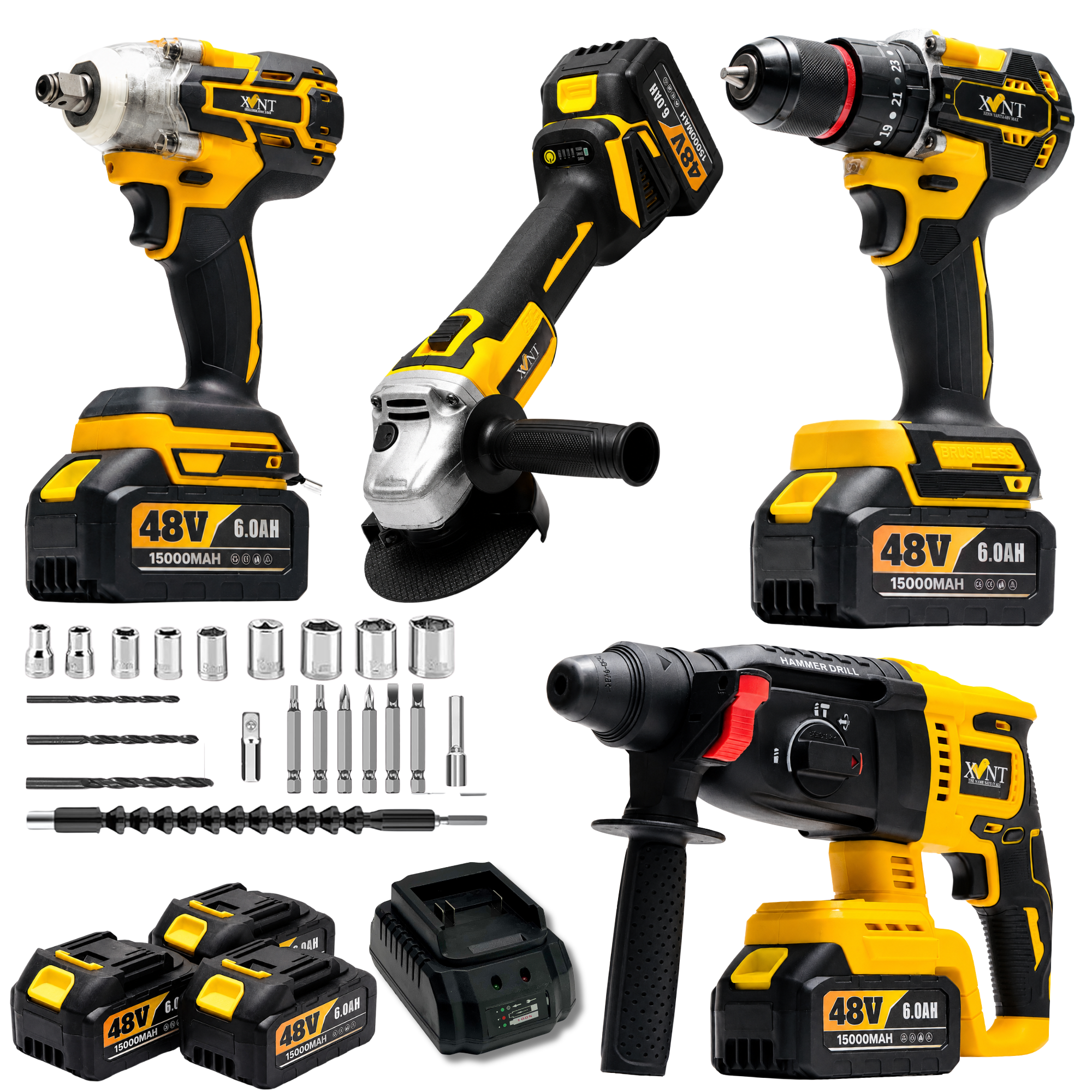 XLNT XT4COM289 48V Brushless Cordless 4-Piece Power Tool Combo Kit | Hammer Drill + Impact Wrench + Angle Grinder + Drill Driver | 3x 5.0Ah Batteries + Fast Charger + Accessories + BMC Case