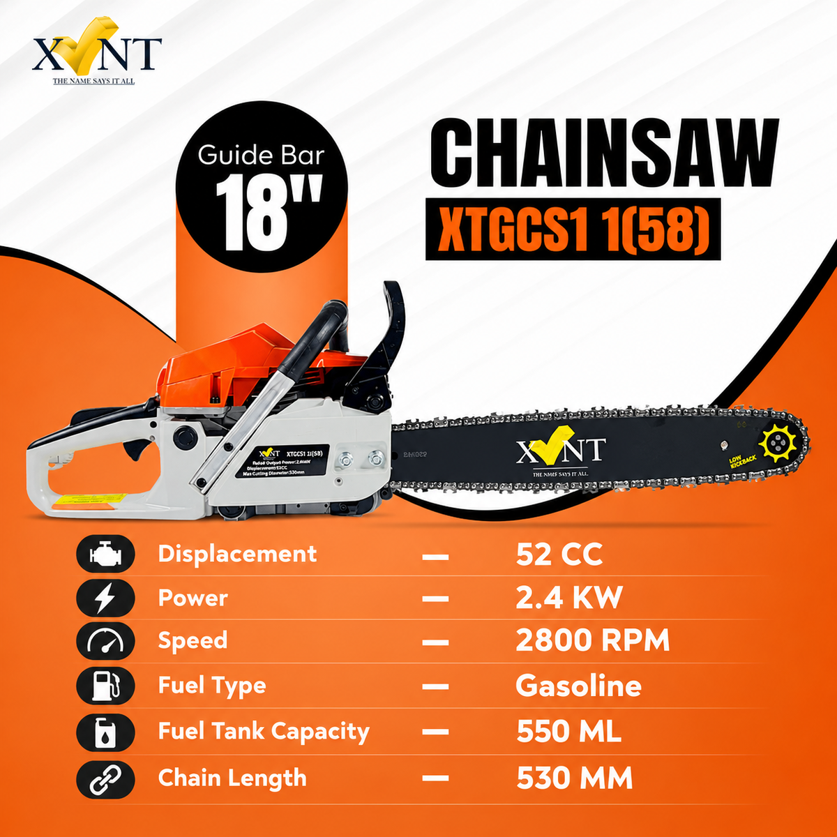 XLNT Gasoline Chainsaw 52CC 18" 