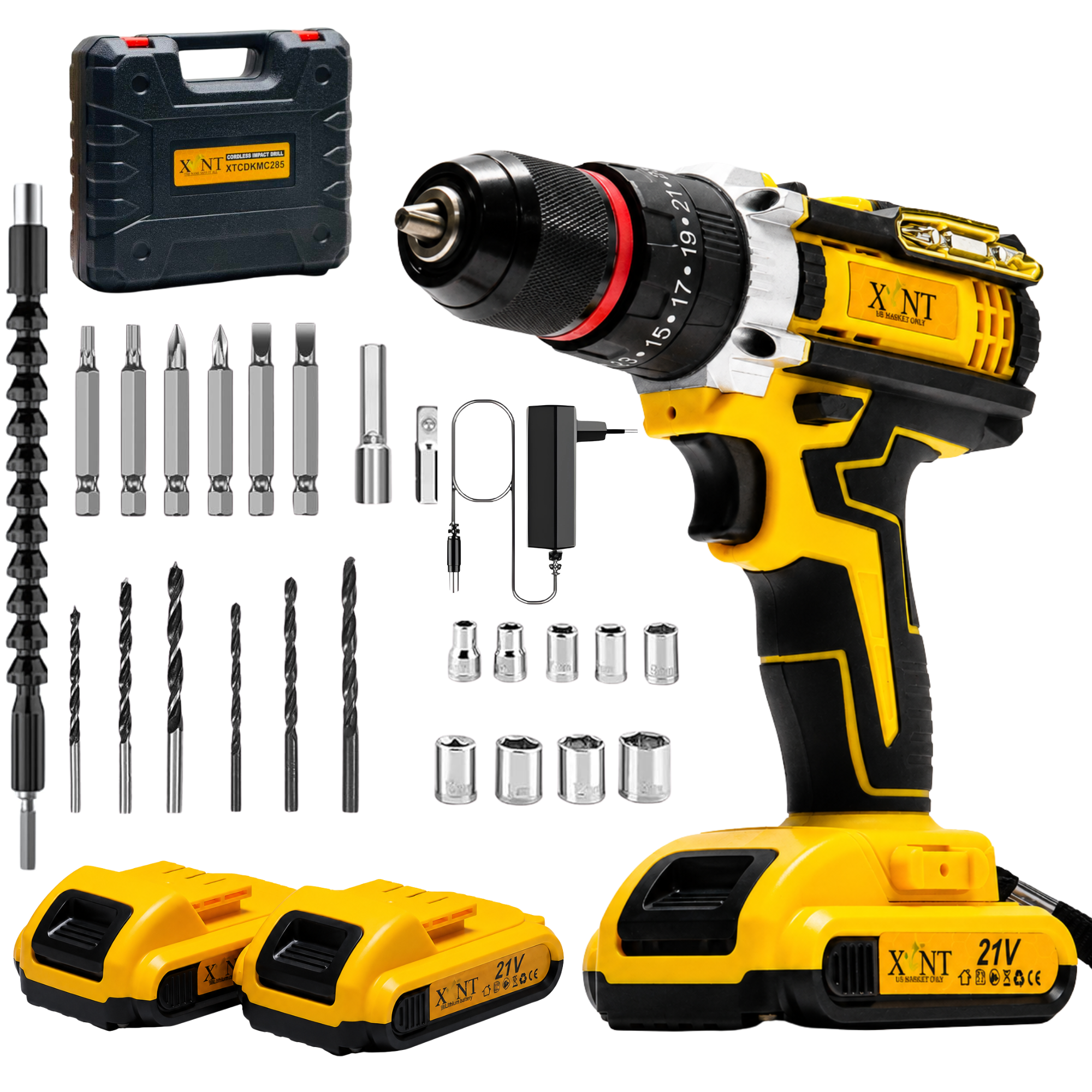 XLNT 21V Cordless Drill Driver Kit | 10mm Metal Chuck | Torque Adjustment | 1350 RPM | 2×21V Li-Ion Batteries | Flexible Shaft | Fast Charger | – XTCDKMC285