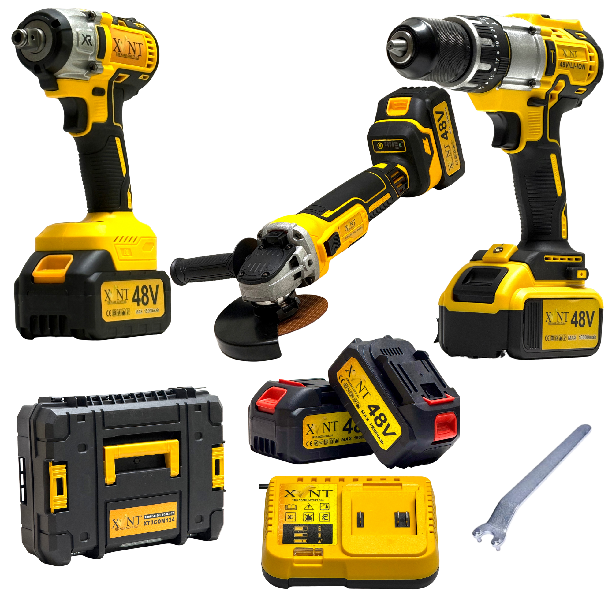 XLNT 48V Cordless Power Tool Combo Set 3 Piece — Drill + Angle Grinder + Impact Wrench | Heavy Duty| XT3COM134