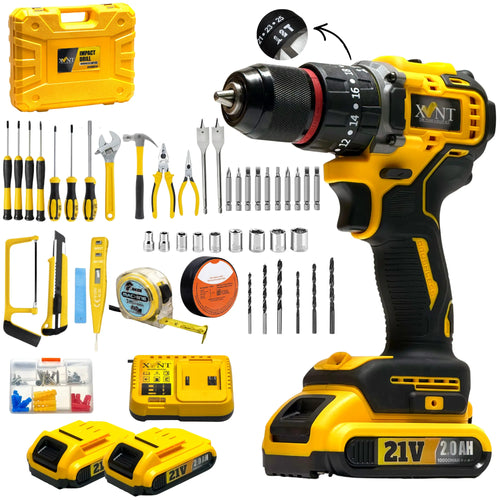 XLNT 21V cordless drill kit front view
