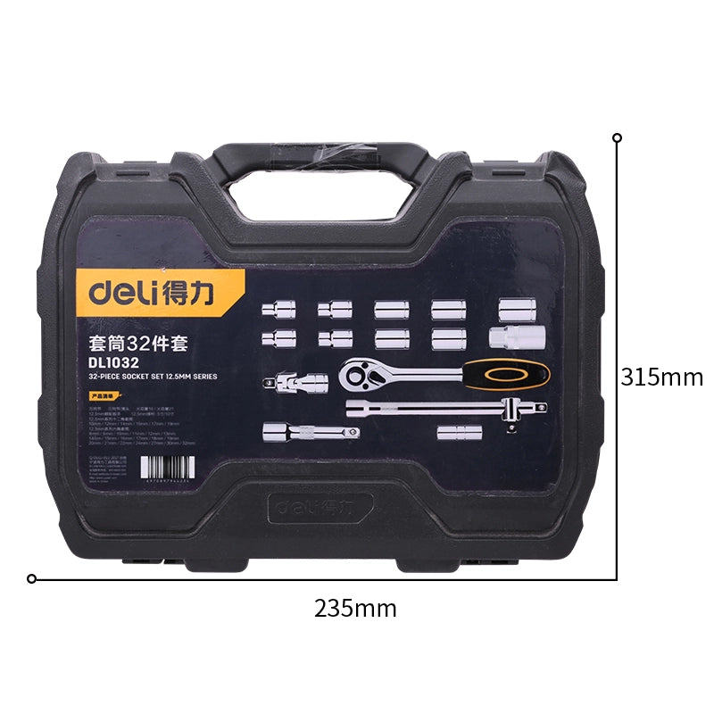 DELI 1/2 Inch Socket Set 32 Pcs - Professional CRV Socket Set for Automotive & Mechanical Work