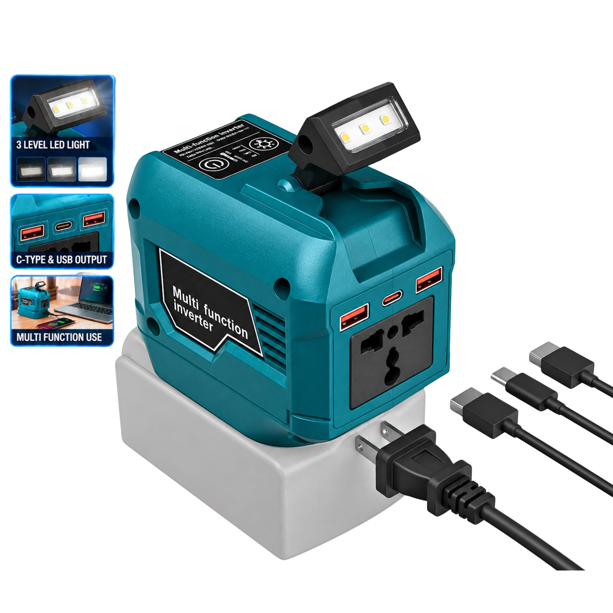 THMBI113 250W multifunction portable inverter with USB-C, dual USB output and three-level LED light