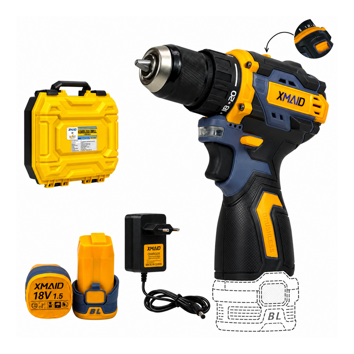 XMAID 18V brushless cordless drill XTXMCD333 with 45Nm torque