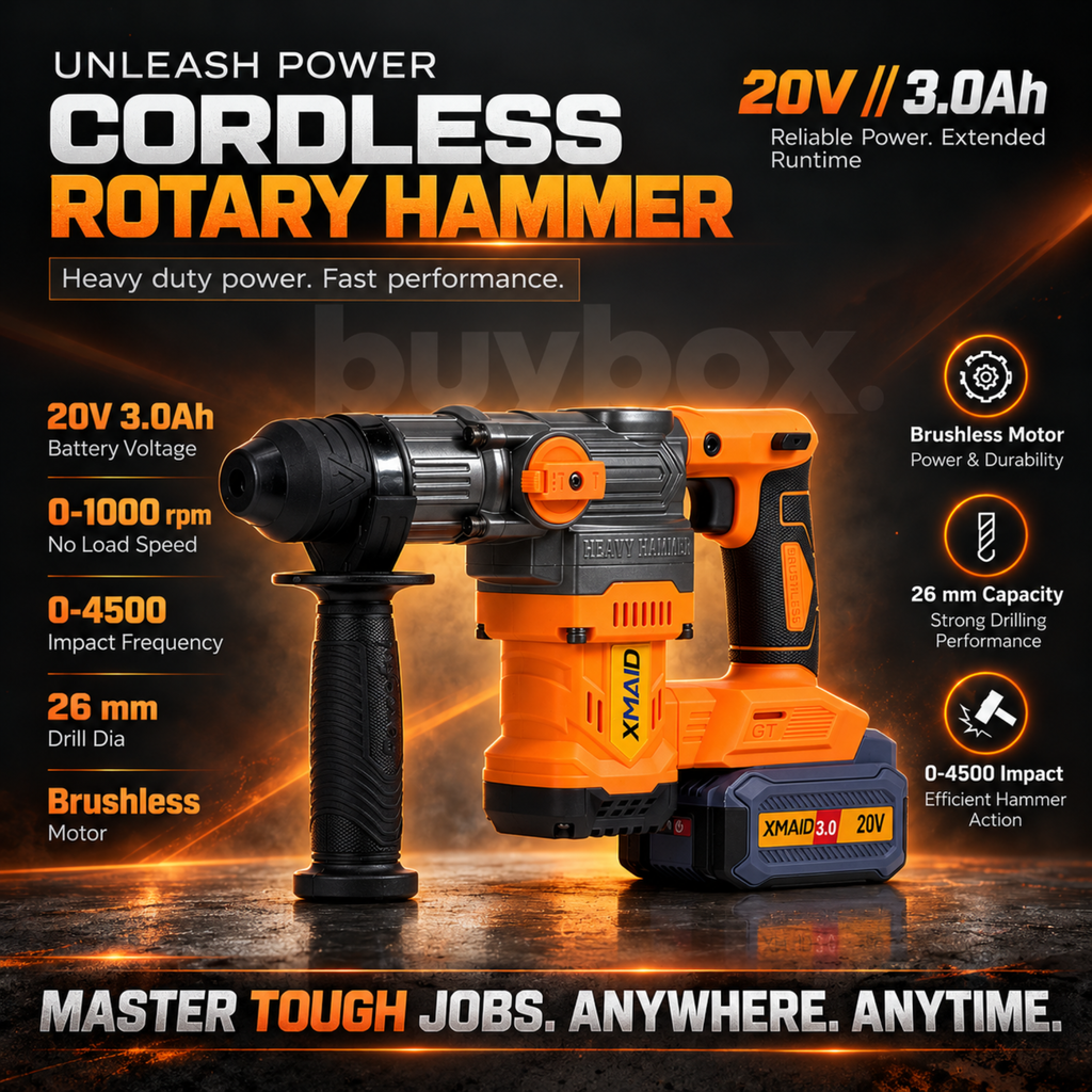 XMAID 20V brushless cordless rotary hammer with 26mm drilling capacity, 1000 RPM speed and 4500 BPM impact frequency