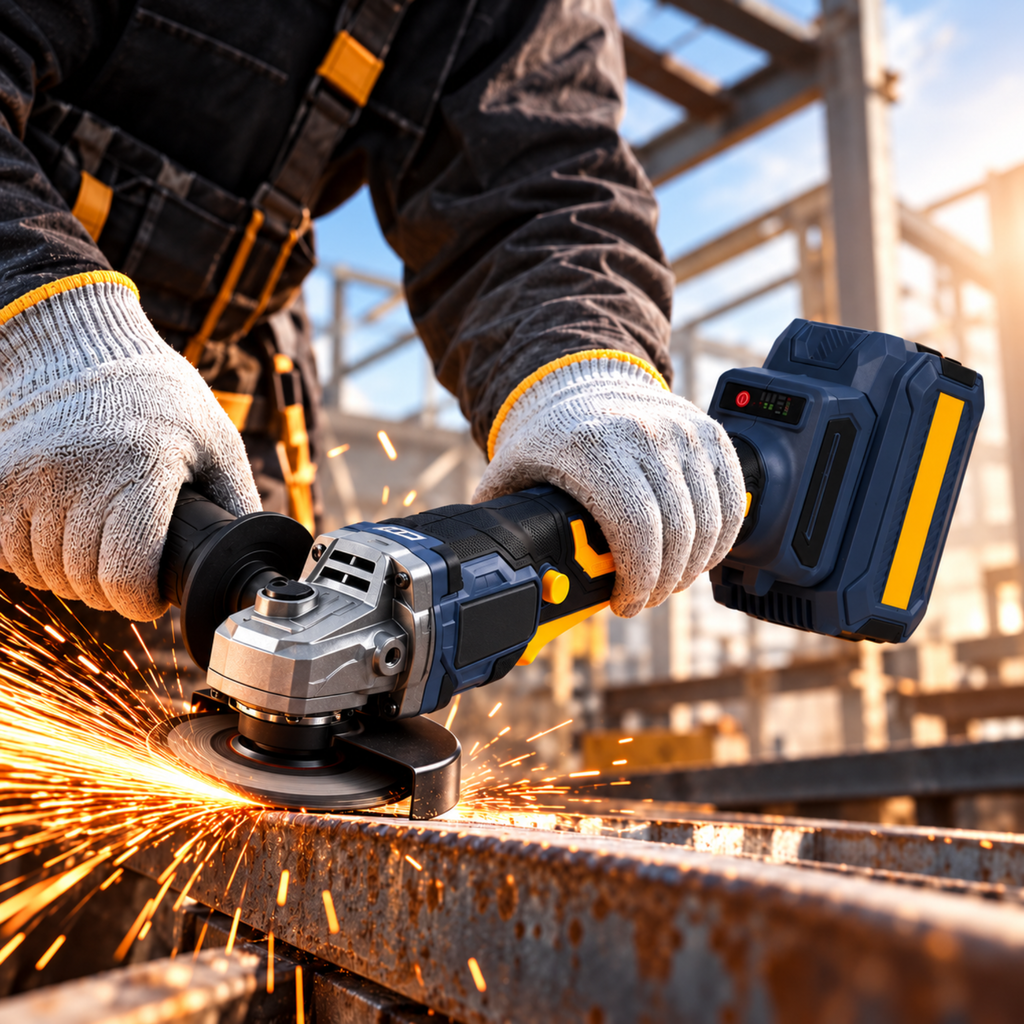 Worker using XMAID 20V cordless angle grinder for metal cutting and workshop fabrication