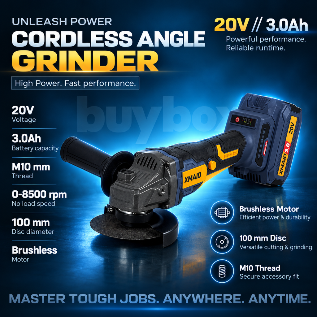 XMAID 20V brushless cordless angle grinder with 100mm disc, M10 spindle and 8500 RPM no-load speed