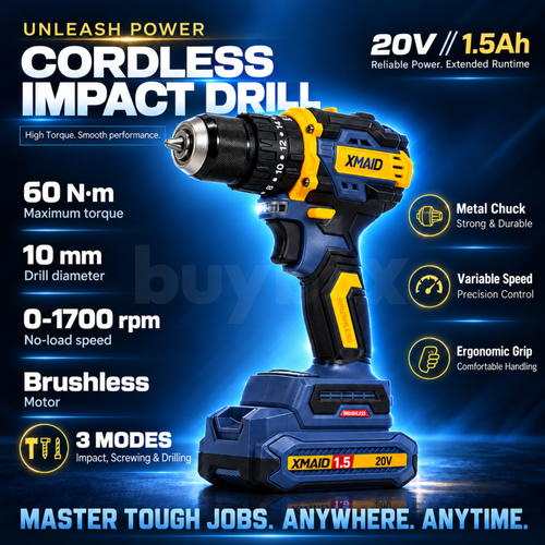 XMAID 20V brushless cordless impact drill with 60Nm torque, 10mm metal chuck and three operating modes
