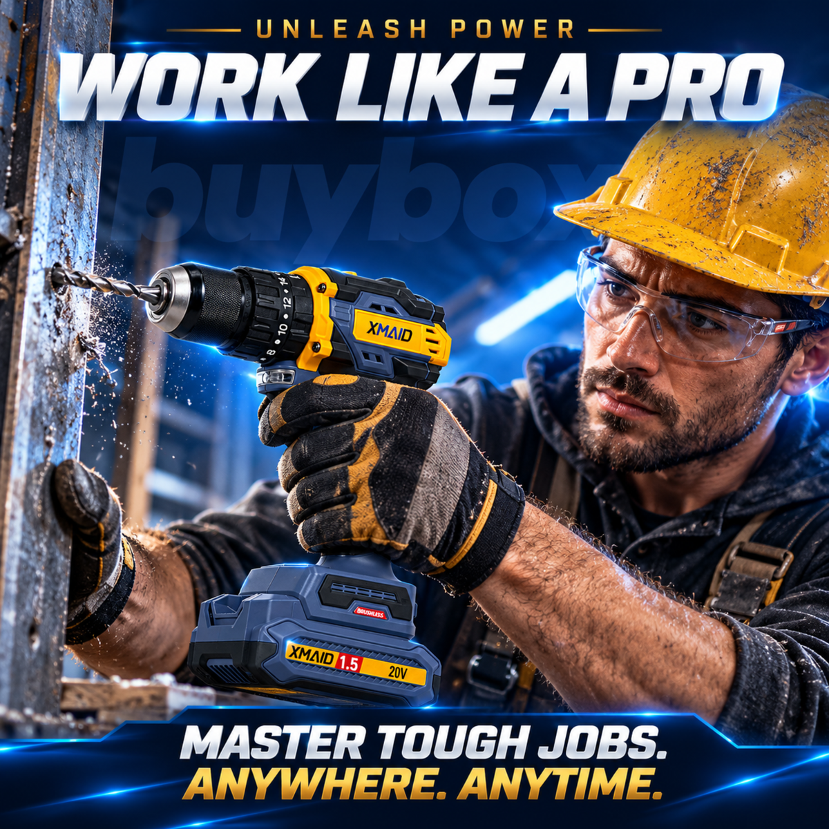 Professional construction worker using XMAID 20V cordless impact drill on a metal workpiece