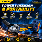 XMAID brushless cordless angle grinder showing ergonomic grip, thumb switch, motor technology and portable design