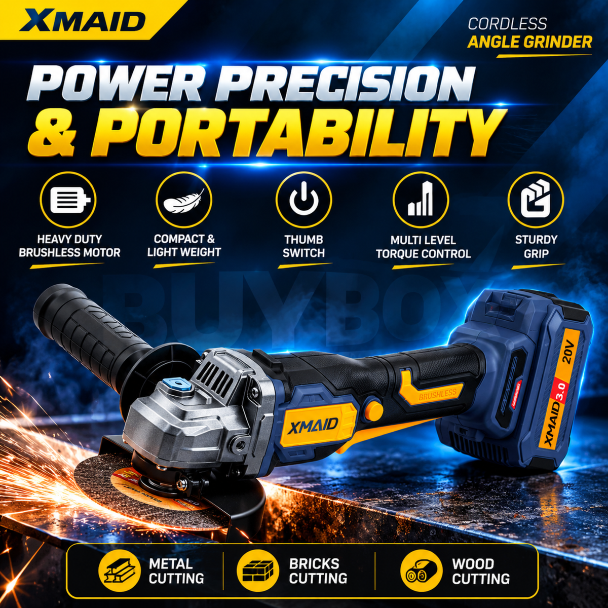 XMAID brushless cordless angle grinder showing ergonomic grip, thumb switch, motor technology and portable design