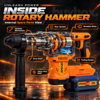Illustrated internal mechanisms of XMAID brushless cordless rotary hammer including hammer mechanism, motor, gears and cooling system