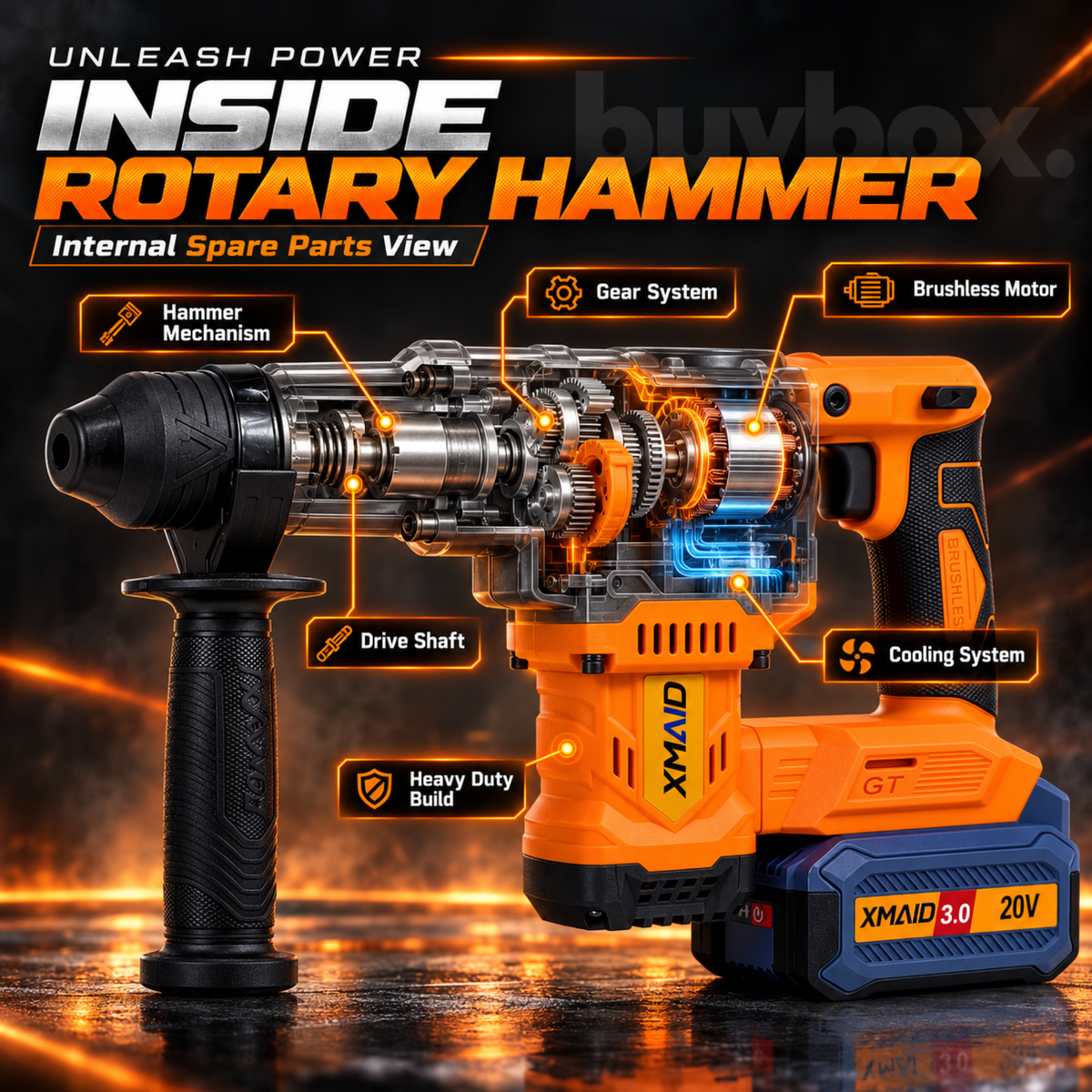 Illustrated internal mechanisms of XMAID brushless cordless rotary hammer including hammer mechanism, motor, gears and cooling system