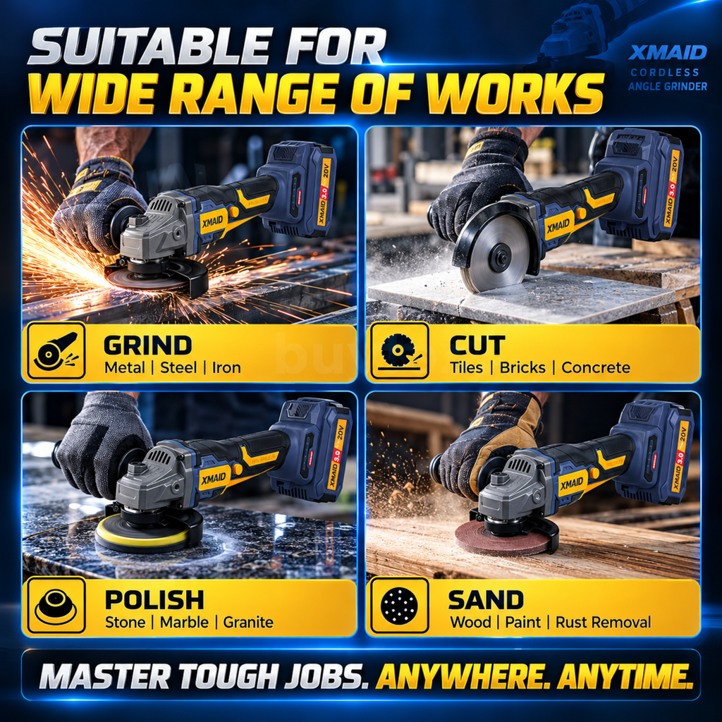 XMAID cordless angle grinder application guide showing metal grinding, tile cutting, polishing and sanding with compatible accessories