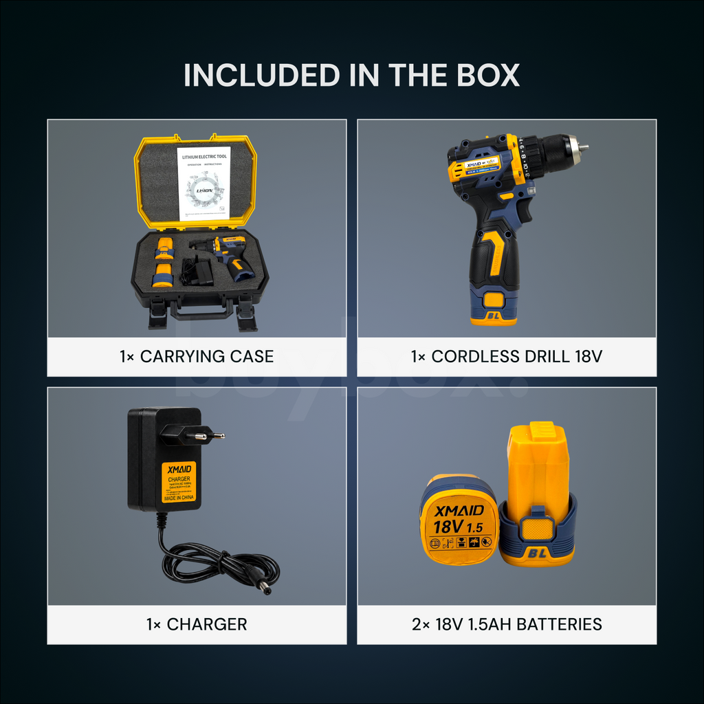 XMAID 18V brushless cordless drill kit with carry case