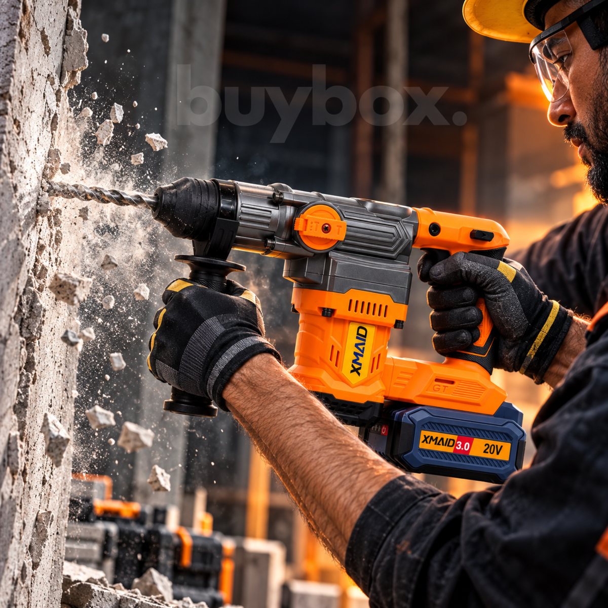 Worker using XMAID 20V brushless cordless rotary hammer with SDS-Plus bit for concrete wall drilling