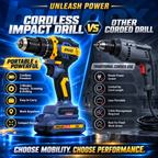 XMAID cordless impact drill compared with a traditional corded drill showing battery-powered portability