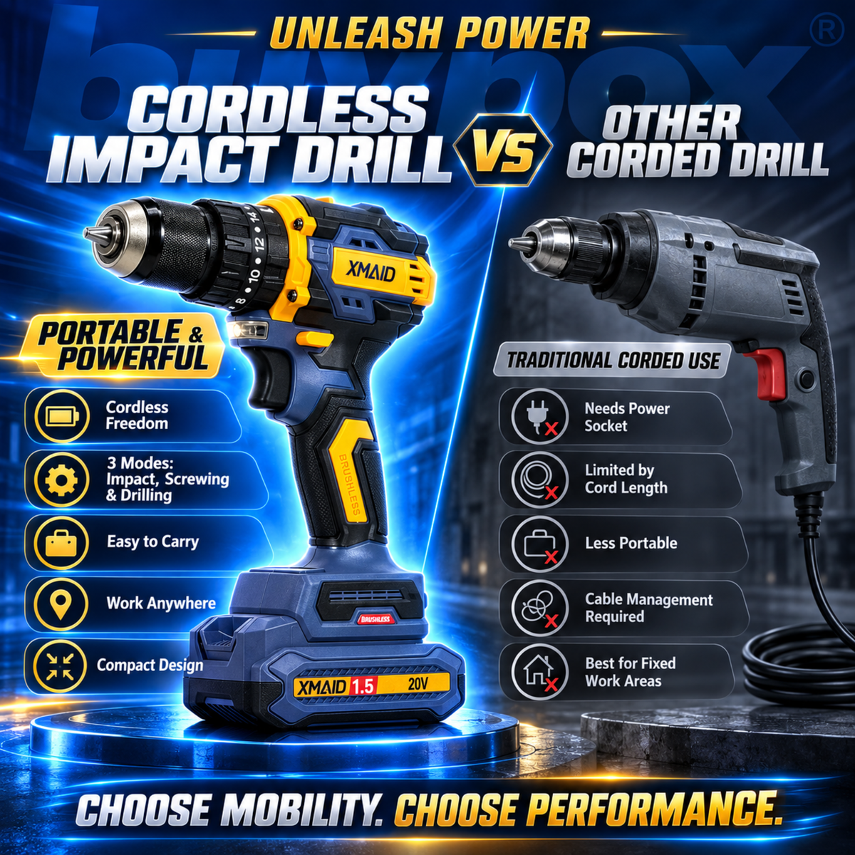 XMAID cordless impact drill compared with a traditional corded drill showing battery-powered portability
