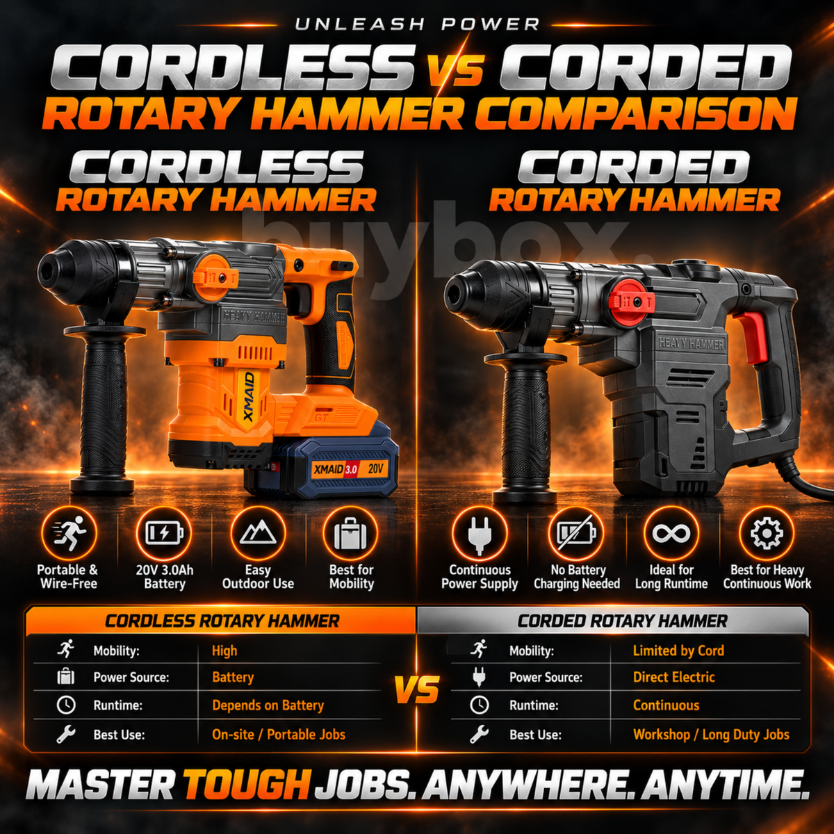 XMAID 20V battery powered cordless rotary hammer compared with traditional corded rotary hammer