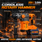 XMAID SDS-Plus cordless rotary hammer showing two drilling modes, brushless motor, variable-speed trigger and adjustable handle
