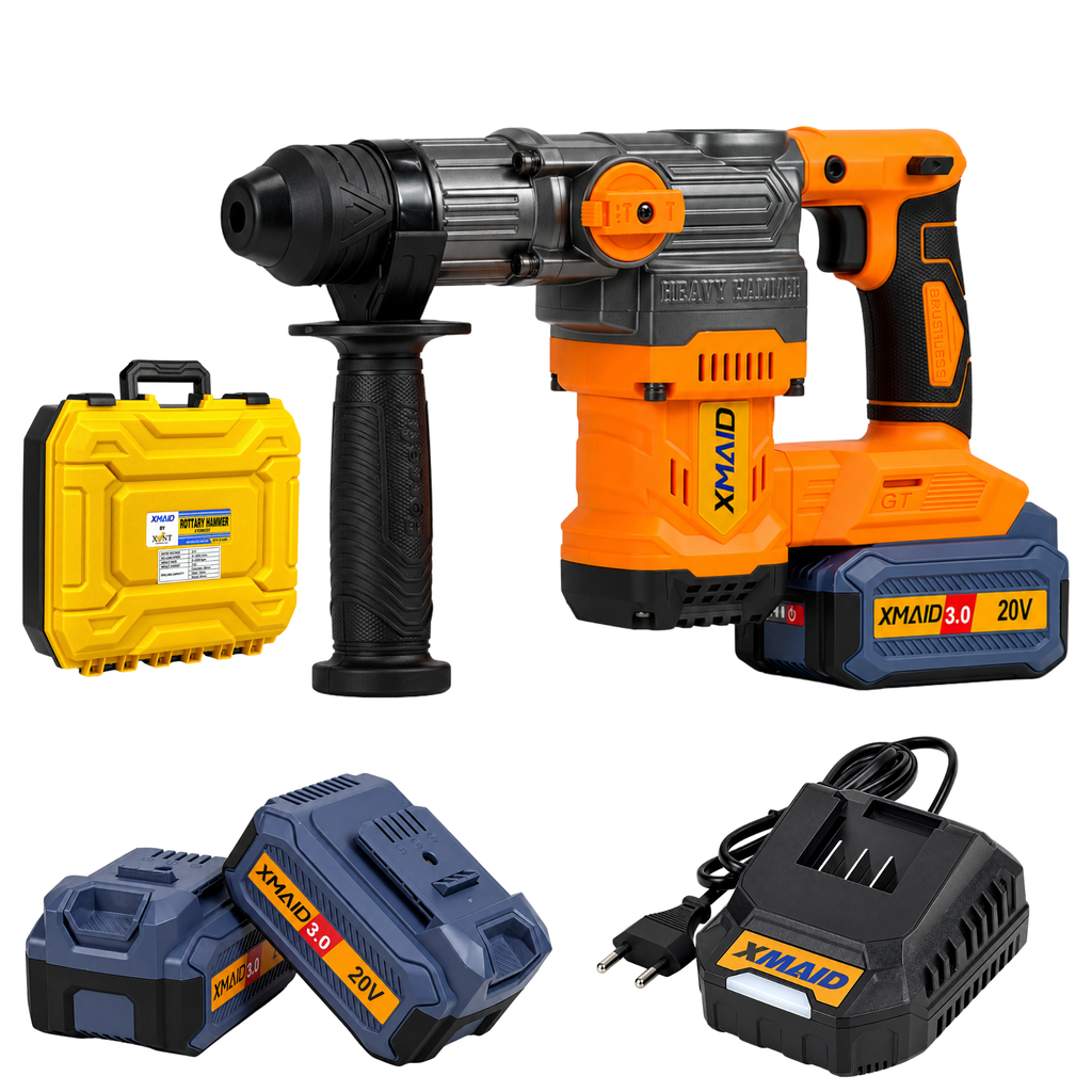 XMAID XTCRH337 20V brushless cordless rotary hammer kit with two 3.0Ah batteries, charger, side handle and carrying case