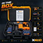 XMAID XTCRH337 cordless rotary hammer kit including two 20V 3.0Ah batteries, charger, auxiliary handle, manual and hard case