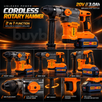 XMAID XTCRH337 20V brushless rotary hammer showing product angles, SDS-Plus chuck and two-mode selector