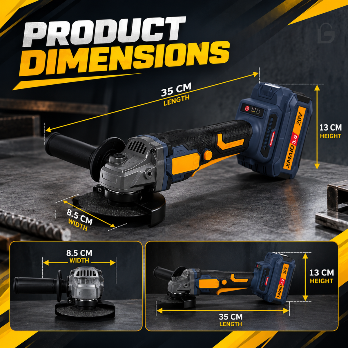 XMAID XTXMCAG336 cordless angle grinder dimensions showing 35cm length, 8.5cm width and 13cm height