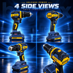 Four side views of XMAID XTXMCD334 cordless impact drill showing the body, handle, chuck and speed selector