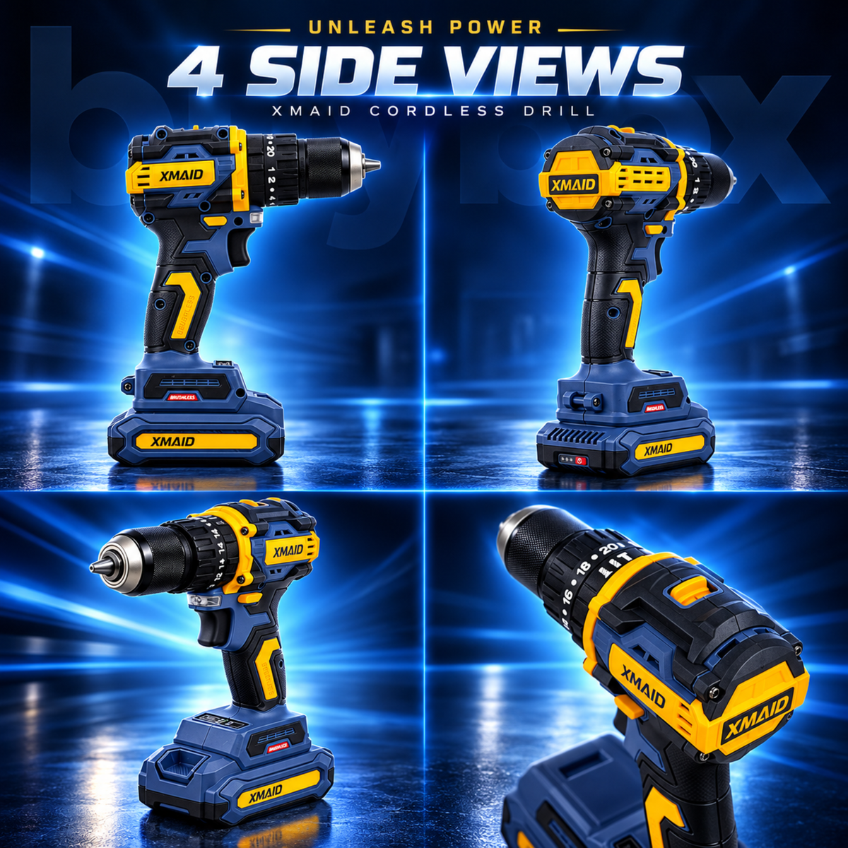 Four side views of XMAID XTXMCD334 cordless impact drill showing the body, handle, chuck and speed selector