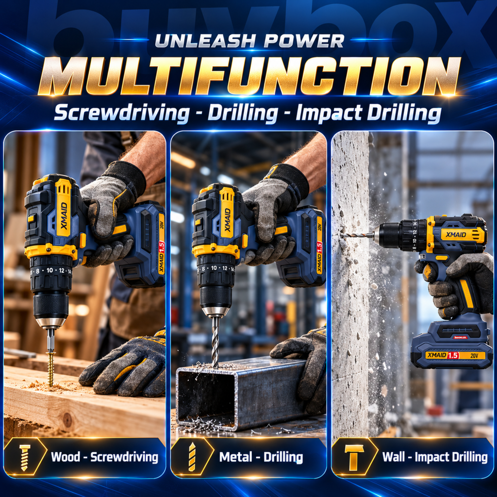 XMAID 3-in-1 cordless impact drill demonstrating wood screwdriving, metal drilling and wall impact drilling