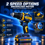 XMAID brushless cordless drill highlighting two-speed transmission and efficient brushless motor