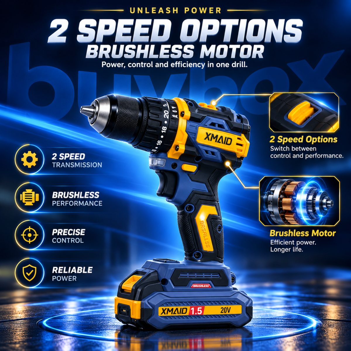 XMAID brushless cordless drill highlighting two-speed transmission and efficient brushless motor