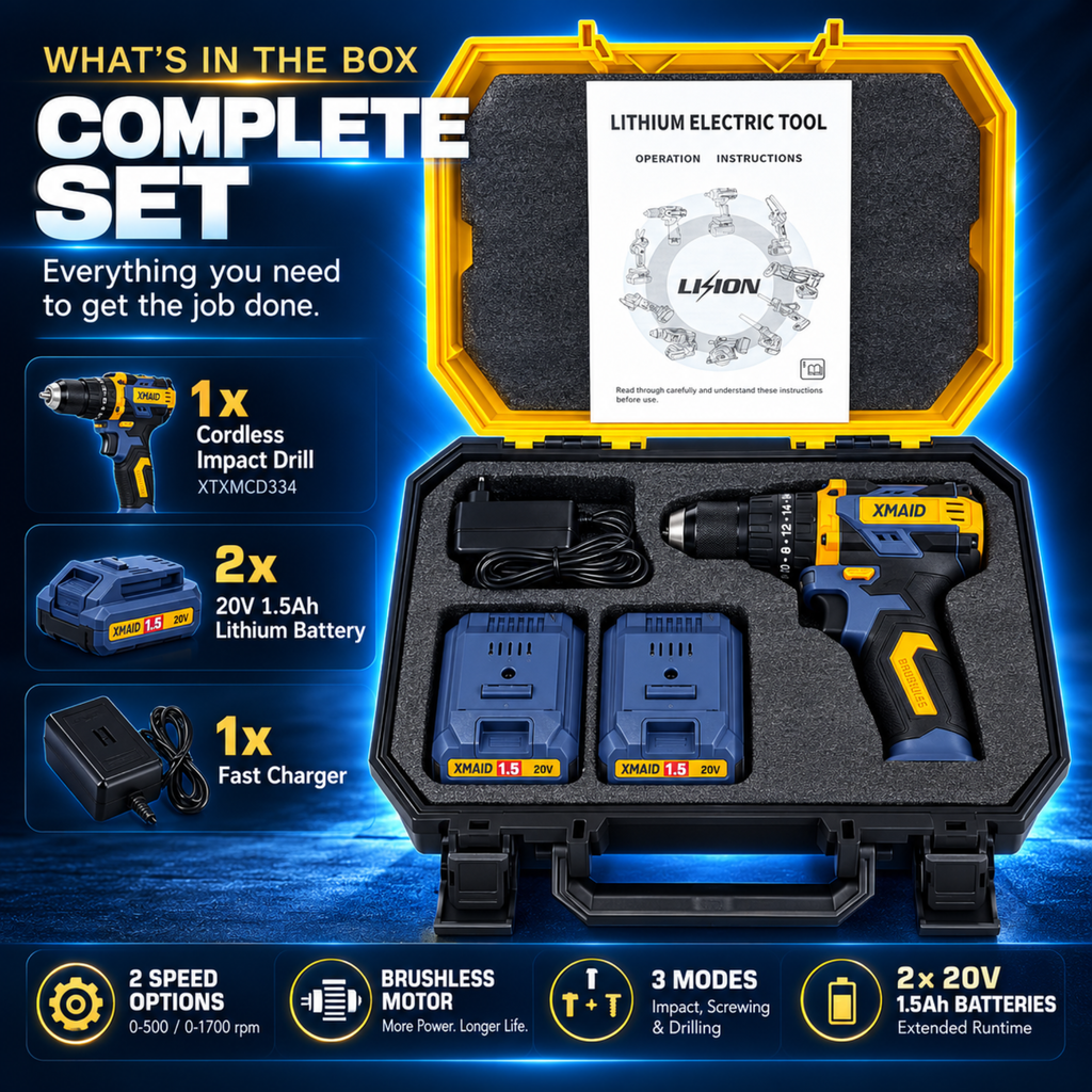 XMAID XTXMCD334 complete drill set with impact drill, two 20V 1.5Ah batteries, charger, case and user manual